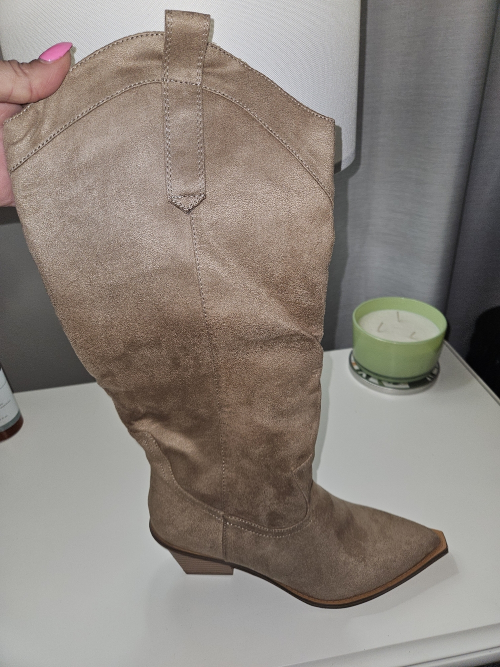 Fashion Nova Taupe Suede Mid-Heel Boots